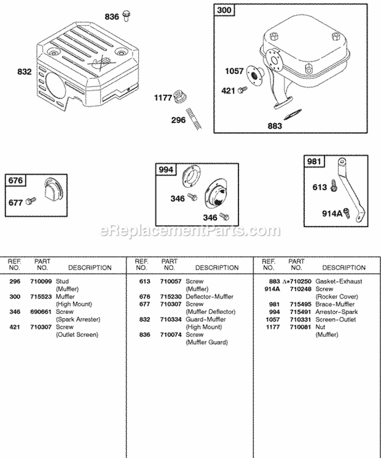 Exhaust System Diagram and Parts List for  Briggs and Stratton Engine